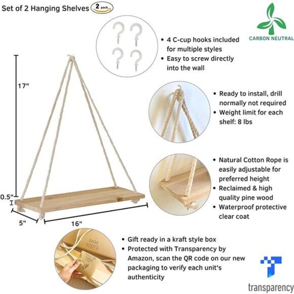 Hanging Shelves for Wall [Set of 2 w/ Hooks] Wooden Shelf Macrame Rope - Picture 3 of 6
